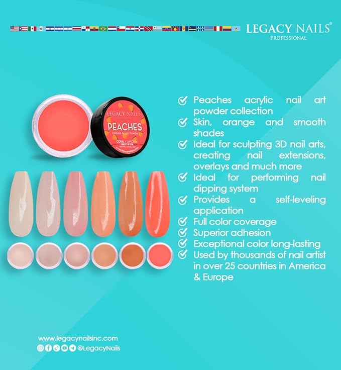 Legacy Nails Acrylic Powder Collection - PEACHES COLLECTION - 6 Colors Inspired by Wings - Professional DIY Nail Art Set for Dip & Acrylic Extensions