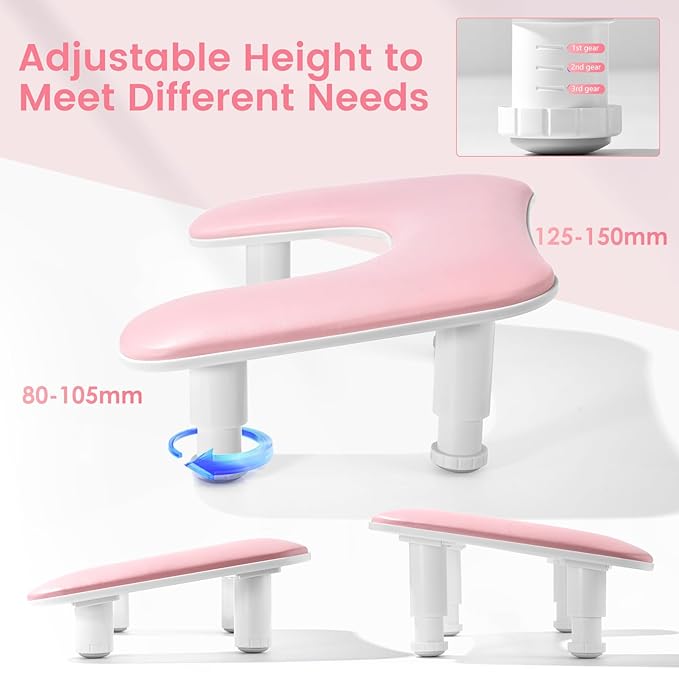 Big Arm Rest for Nails Tech: 2nd Generation U-Shaped Manicure Nail Arm Rest Stand Height Adjustable Armrest Microfiber PU Leather Hand Rest Pillow for Acrylic Nails (Pink)