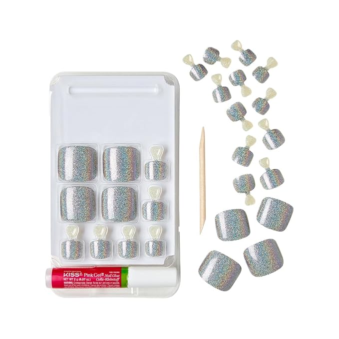 GoldFinger Trendy Press On Fake Toenail Kit Wider Fit, Shine Glazed Glitter Metallic Silver Color, Ready to Wear Gel & Manicure Stick, Mini Glue included, Long-Lasting Convenient & Easy to Apply