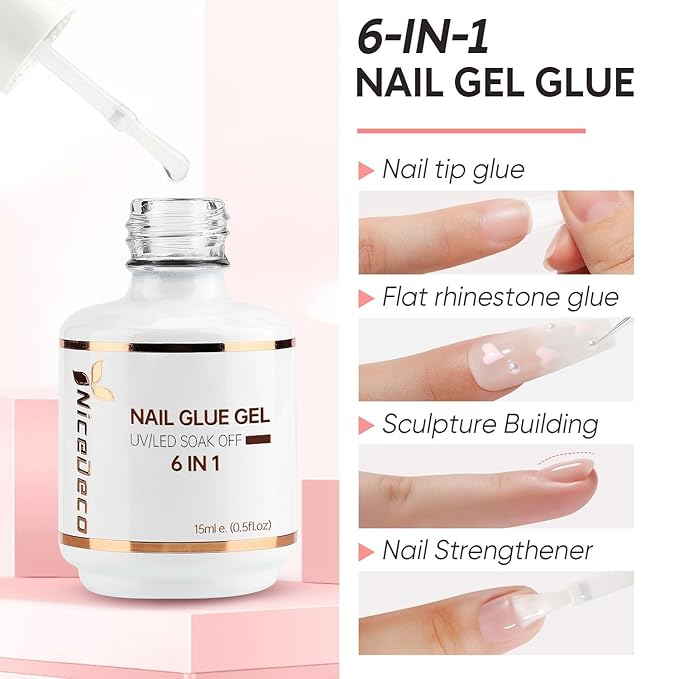 Nicedeco Hema Free Nail Glue Gel for Acrylic Nails 15ML, Cruelty Free, Vegan, Long-Lasting 6 in 1 Brush On Glue for False Nails Tips Led Lamp Required