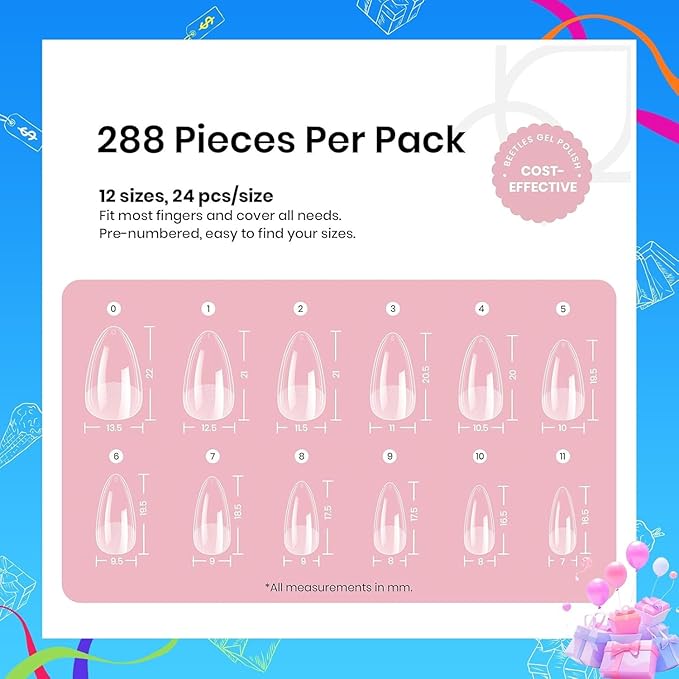 Beetles Soft Gel Nail Tips Short Almond 288pcs in 12 Sizes, Etch-X Pre-Etched Full Cover Acrylic Fake Nails Art, Salon Quality Nail Supplies, Easy DIY Nail Extension or Press On Nails, Gift for Women