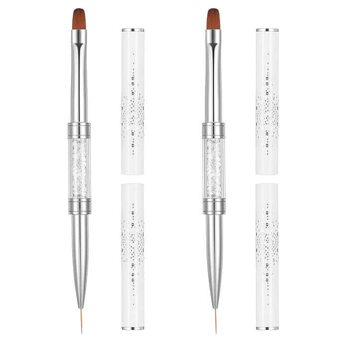 2Pcs Double Ended Nail Builder Gel Brush, Hard Gel French Tip Brushes, Brush Liner with Rhinestone Handle for Salon-Grade Nail Art Design Tool (White)
