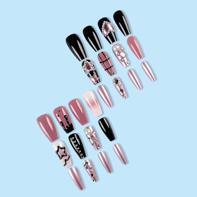 Medium Press On Nails Square False Nails Black 24pcs with Heart and Star Designs Artificial Nails Stick on Nails for Women