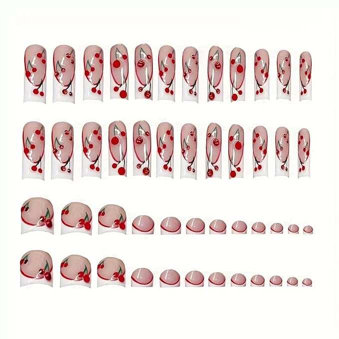 White French Tips Press on Nails Cherry Press on Toenails Long Square Stick on Nails with Designs Nude Pink Fake Nails Glossy Reusable Spring Summer False Toenails for Women Girls Manicure 48Pcs