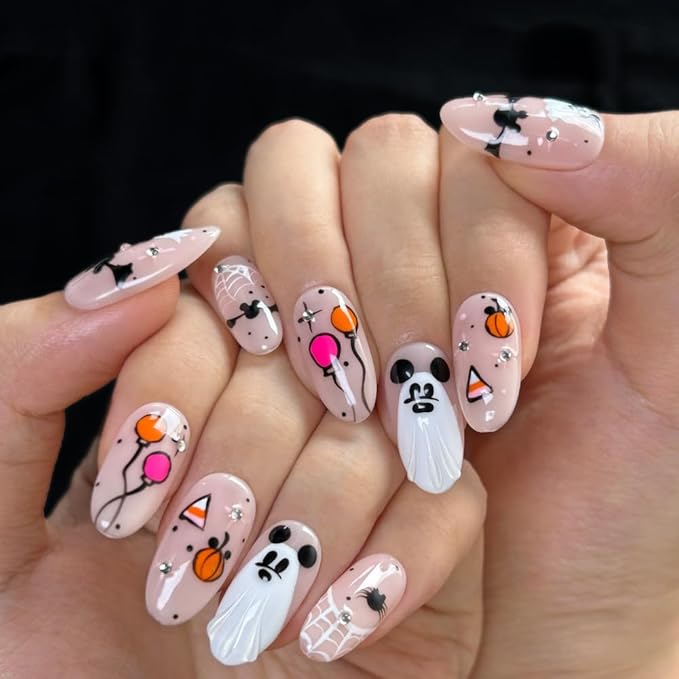 Press On Nails Handmade Medium Length Oval Fake Nails, Painting Cute Ghosts Design,10 Pcs Reusable ABS Material Finger Painting Fingernail Tip Salon Artificial Nails Kit (Size S）