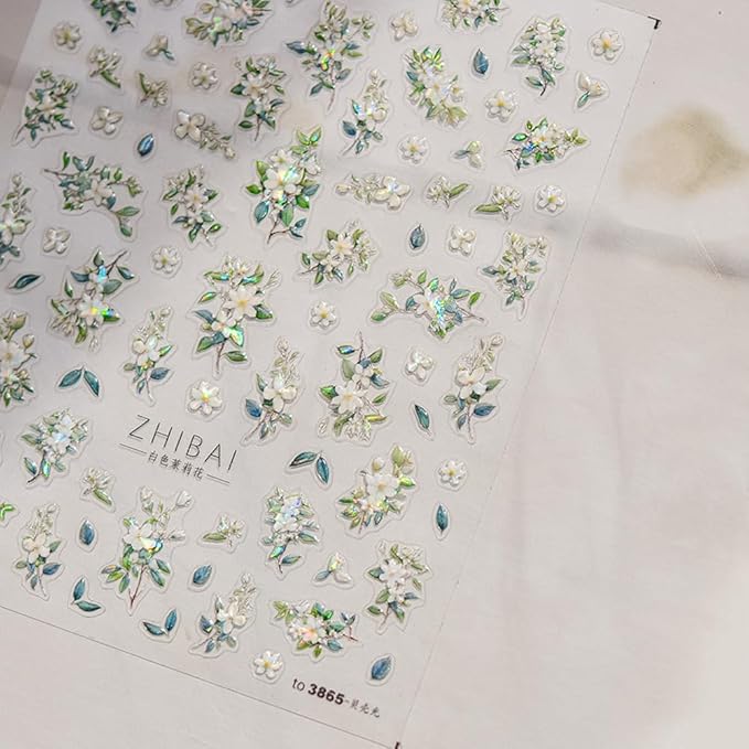 Holographic White Jasmine Flower Nail Art Stickers, 3D Floral Design with Iridescent Effect