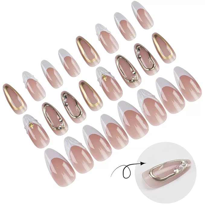 Press on Nails Almond - White French Tip Fake Nails with Gold Line Design - Glossy, Medium Fasle Nails for Women 24 Pcs