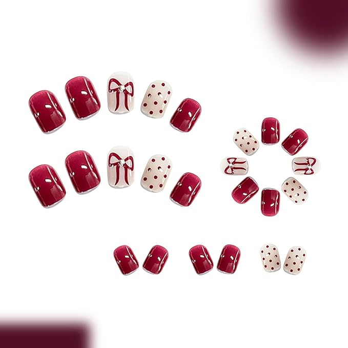 Valentines Press on Nails Extra Short Square MABKJLF Fake Nails False Nails with Wine Red Bow Polka Dots Rhinestones Designs Glossy Glue on Full Cover Acrylic Nails for Women Girls 24Pcs