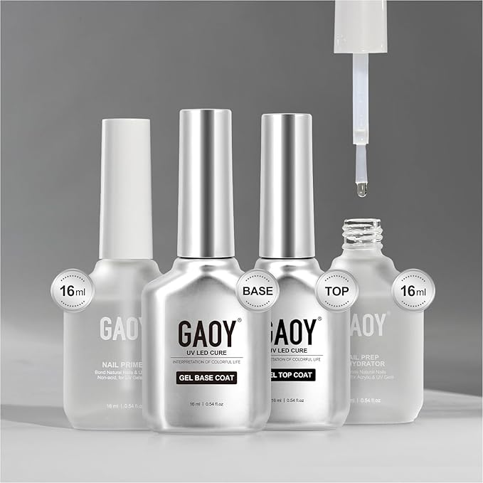 GAOY 16ml Nail Dehydrator and Primer with Gel Top and Base Coat, 4 Pcs Acid-Free Natural Nail Prep Dehydrate Bond Primer Professional Set, for Gel Polish