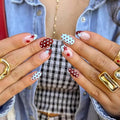 Press on Nails Almond - Short Fake Nails with Polka Dot Star Design - French Tip Full Cover Stick on False Nails - for Women Manicure 24 Pcs