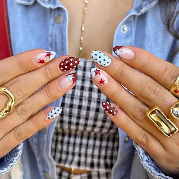 Press on Nails Almond - Short Fake Nails with Polka Dot Star Design - French Tip Full Cover Stick on False Nails - for Women Manicure 24 Pcs
