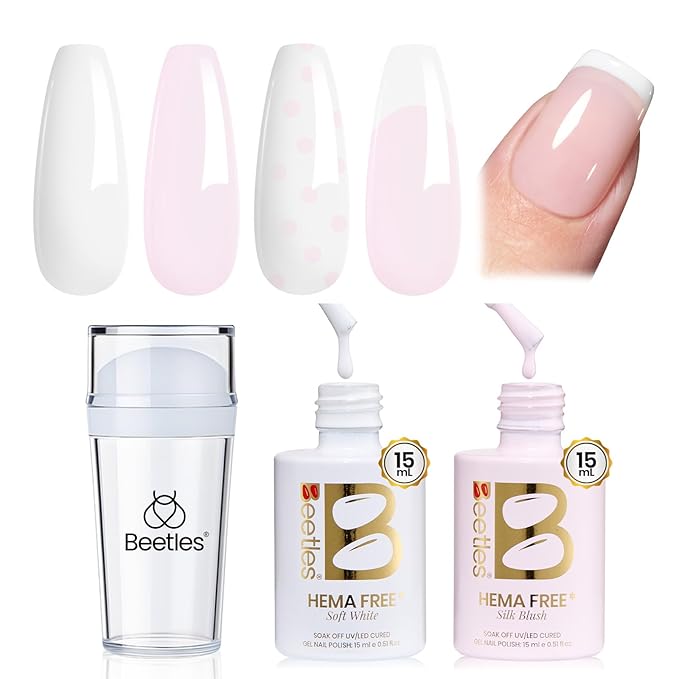 Beetles French Tip Gel Polish - Peach Mousse 15ML with French Tip Stamp, Hema Free White Light Pink Gel Nail Polish, Same Color Bottle, Soak Off UV LED Lamp French Nail Kit Art for Spring Nails