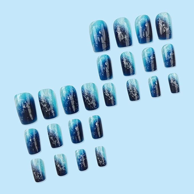 RTKHFZE Press on Nails Medium,Blue Press on False Nails,Square Fake Nails, Medium Nails Press Ons,with Designs Acrylic Nail,Full Cover Glue on Nail for Women Manicure