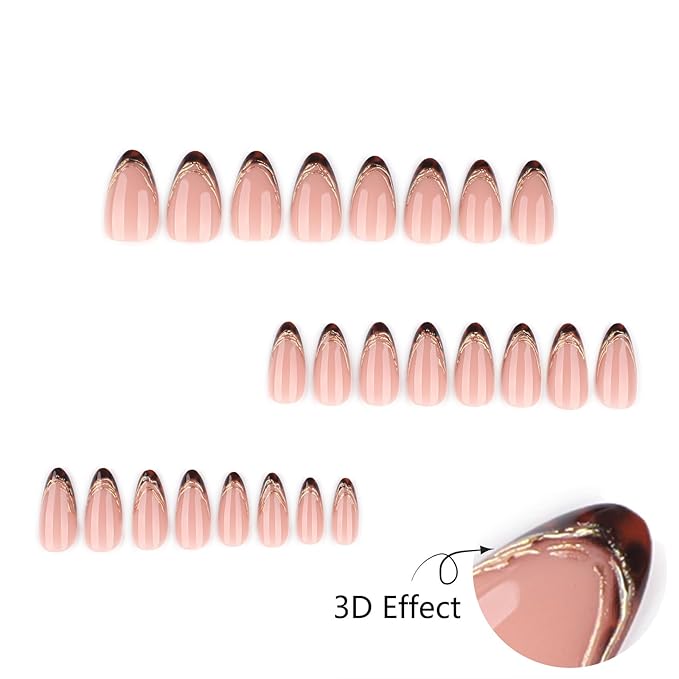 Almond Press On Nails Medium Short, Nude Pink Fake Nails with Tortoiseshell Brown French Tip and Gold Foil Detail, Glossy Reusable Glue On Nails for Women, Natural Stick On Nails Kit, 24 Pcs