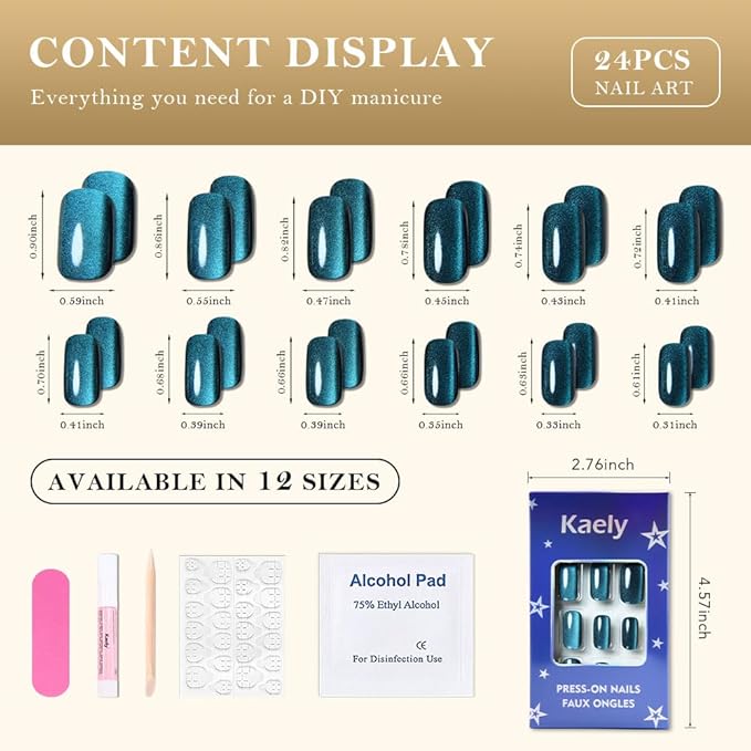 Cat Eye Teal Green Press On Nails Medium Long Length Square, Designer Reusable Acrylic Fake Nail with 24 ps, Glossy Gel Nails Wedding Party, Stick On Glue On Nail, Nails Press Ons for Women