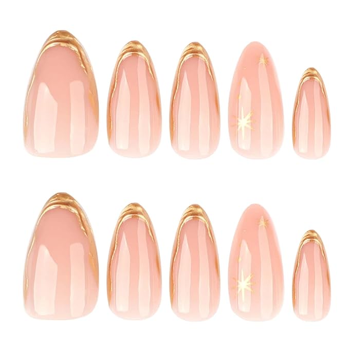 French Tips Press on Nails Almond Fake Nails with Gold Line Design Glue on Nails Removable Acrylic Nails Glossy Full Cover Stick on Nails for Women 24 Pcs