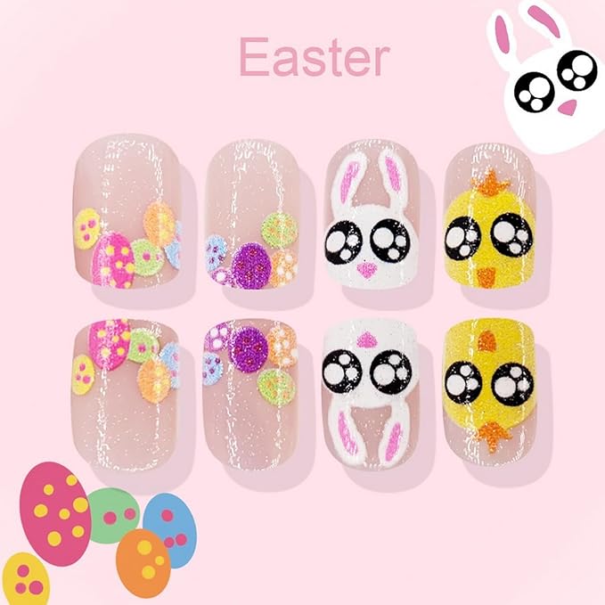 24 Pcs Easter Square Press on Nails Easter Egg Fake Nails Short False Nails with Cute Bunny Chick Designs Glitter Full Cover Stick on Nails Easter Day Eggs Acrylic Nails for Women Nail Art Manicure