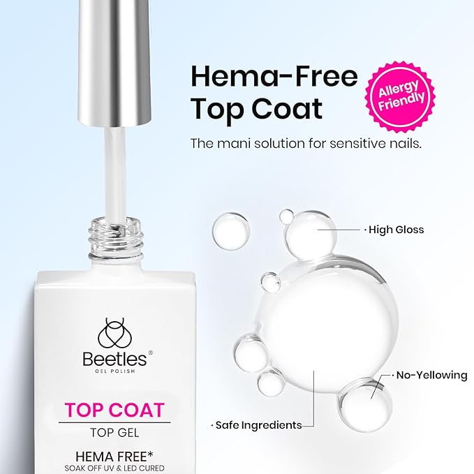 Beetles HEMA Free Gel Top Coat, 15ml No Wipe Top Coat Gel Nail Polish Clear Color Glossy Shine Nail Protection Long Lasting Soak Off Nail Lamp