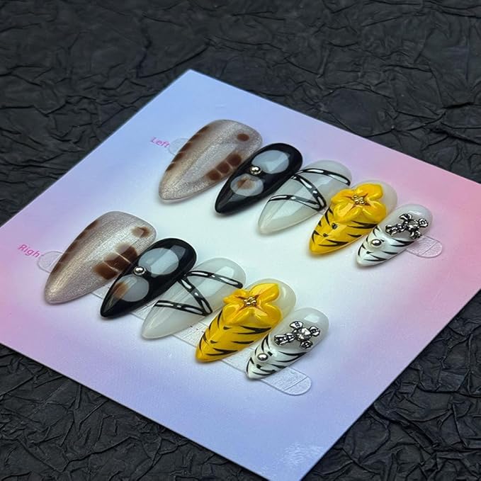 100% Handmade Press on Nails Medium Almond Handmade Nails with Yellow Flower Design Tortoise Shell False Nails Glossy Animal Prints Nail Press ons Reusable Fall Winter Acrylic Nails for Women M 10Pcs