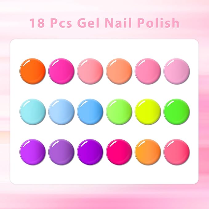 MEET ACROSS 18Pcs Gel Polish Kit Pink Purple Sky Blue Green Orange Bright Color Rainbow Gel Nail Polish Set All Season Manicure Gift for Women