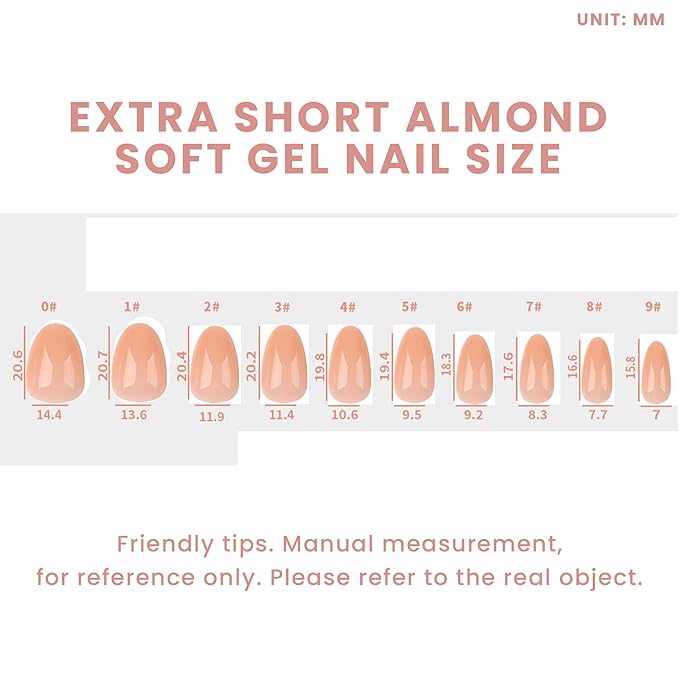 Allkem Soft Gel Nail Tips - Almond extra short Nail Extensions Kit - 12 Sizes Long Full Cover Nails - Nude (504 Pieces)