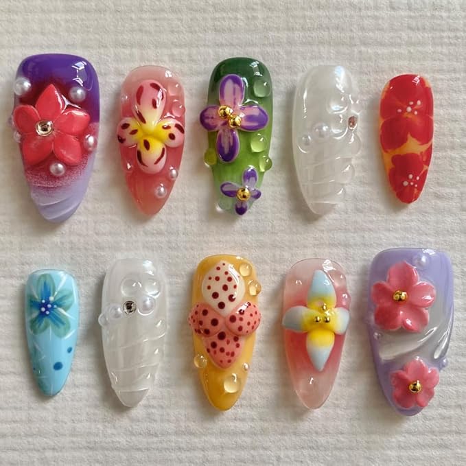 Press On Nails - Short Coffin Handmade Unique Fake Nails, Artistic Design, Thick Acrylic and Muti-Layer Gel False Nails, Reusable UV Gel Cured Sturdier 3D Fake Nails,DIY Art Decorate
