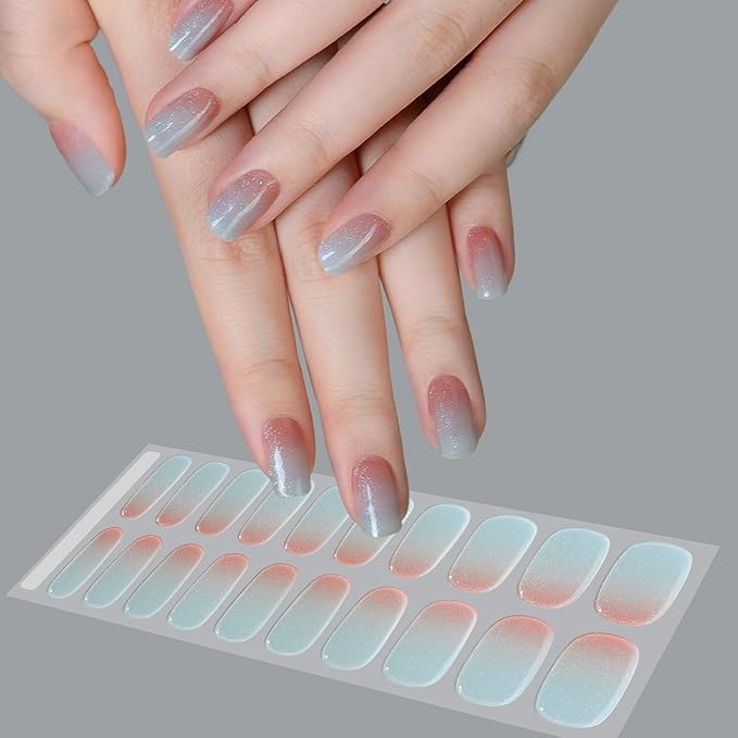 WOKOTO 1 Sheet Semi Cured Gel Nail Strips With Wood Stick & Nail File, 20 Tips Shimmery Ice Blue Ombre Semi Cured Nail Polish Strips Stickers, Harden With UV Light Gel Nail Stickers