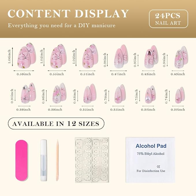 evpct Spring & Summer Press on Nails Medium Almond, Warm Pink Fake Nails Press ons with 3D Flower Design, Light Weight Perfectly Fit Fake Nails for Women Gift, Fake Nail Kit with Kits Gel, 24Pcs