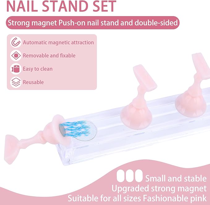 2 Set Nail Holder for Painting Nails, Acrylic Magnetic Base Fake Nail Practice Display Stand for Press on with 100pcs Double-Sided Adhesive Tape Salon Manicure Training Tools Supplies Accessories