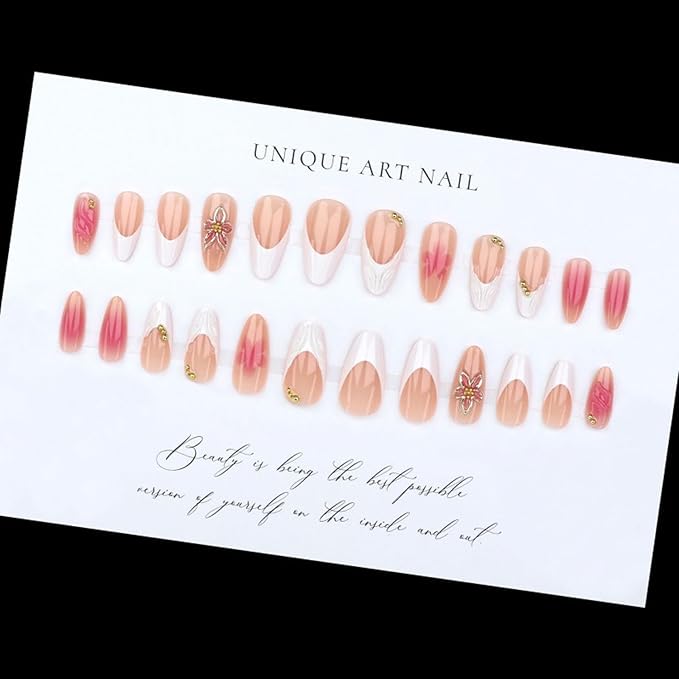 Press on Nails Medium Almond Flower Acrylic Kit Fake Nails,3D Texture Gilded Floral Gold Bead, White French False Nails, Artificial Glue on Nails Stick on Nail for Women