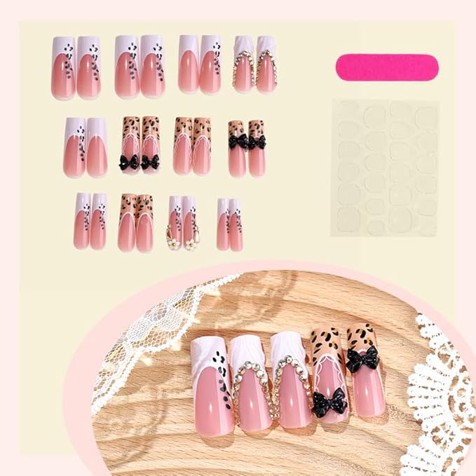 Long Square Press on Nails,Handmade Acrylic Press on Nails with Designs，Long Press on Nail for Women 24pcs