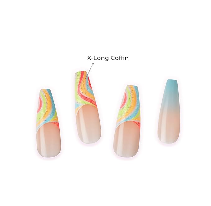 Goldfinger Trendy False Nails Kit, X-Long Coffin Design Nail, Fantasy French Tip Sky Blue Print, Ready to Wear Gel & Manicure Stick Included, Long-Lasting Convenient & Easy to Apply