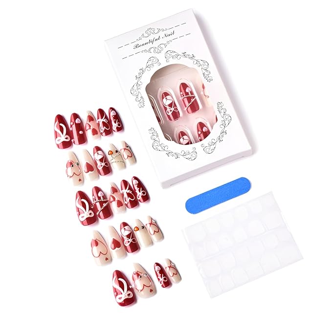 Valentines Fake Nails Medium Almond Press on Nails Red Heart False Nails 3D Bow Nails Press Ons with Pearl Design Gloss Glue on Nail White Red Stick on Nail for Women Decoration Set 24Pcs