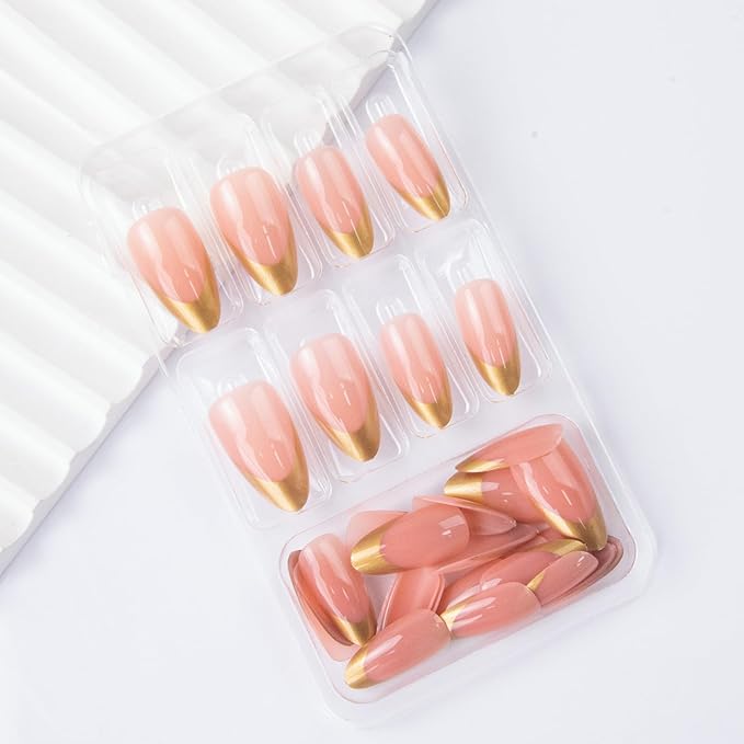 Gold French Tips Press on Nails Medium Almond Fake Nails Glossy Chrome False Nails Golden French Nail Tips Metal Acrylic Nails Full Cover Stick on Nail for Women Decoration 24Pcs
