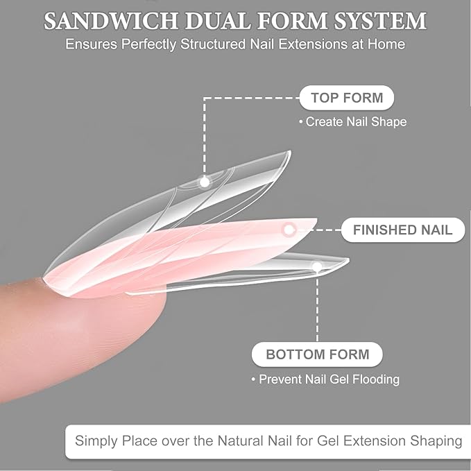 180Pcs Sandwich Polygel Nail Form Kit 15 Sizes Reusable Almond Nail Extension Mold Builder Gel Dual Forms with Tools for Beginners, No Paper Forms Needed