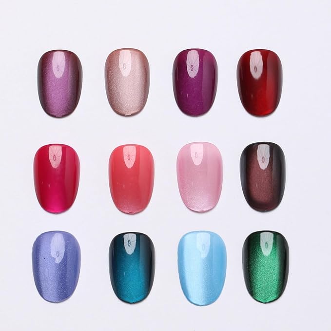 288Pcs Cat Eye Press on Nails Short Almond Fake Nails 12 Color Glitter False Nails Shiny Acrylic Glossy Glue on Nails Gradient Stick on Nail for Women Manicure