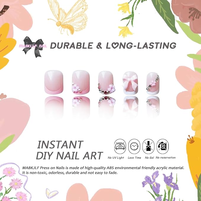 French Tip Press on Nails Short Square MABKJLF White&Pink Flower Fake Nails Bow False Nails with Pearls Rhinestones Designs Glossy Glue on Nails Acrylic Nails for Women Girls 24Pcs