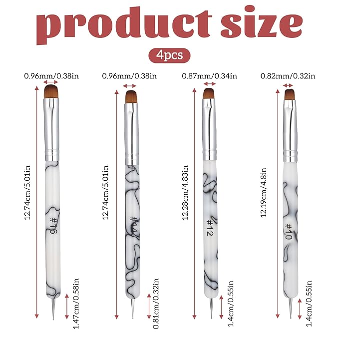 4 Pcs Gel Nail Brush French Acrylic Nail Art Brush with Dotting Tool Extension Gel Brushes Professional Manicure Tool for Nails Detailed Designs DIY Nails Salon (10# 12# 14# 16#, Black and White)
