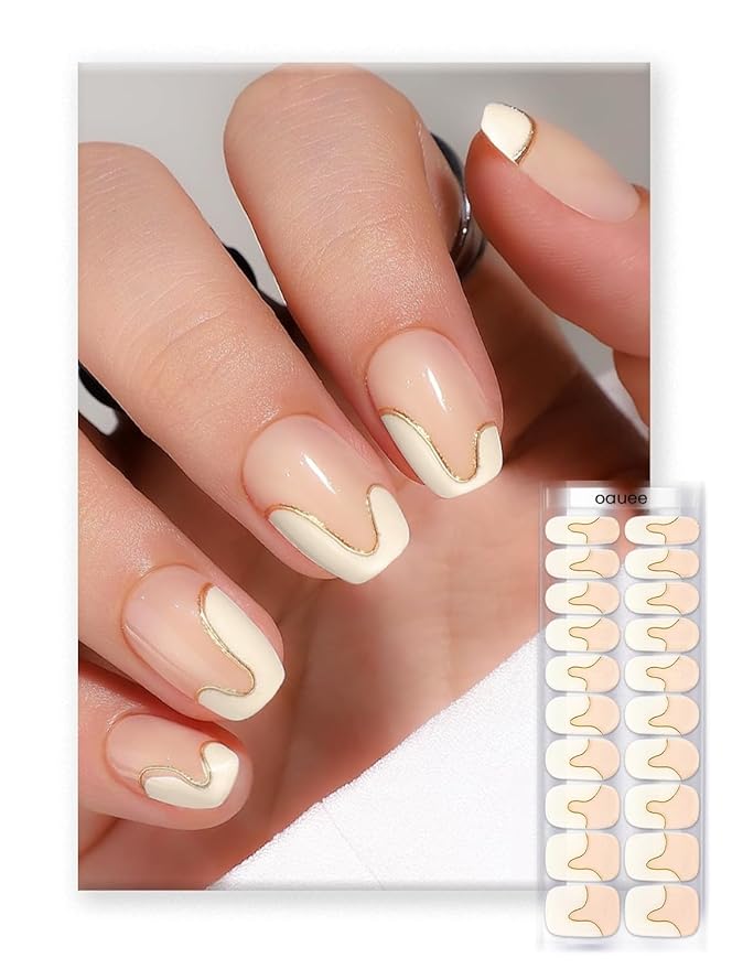 Semi Cured Gel Nail Strips | Built-In Gel Top Coat | UV Light Required | Salon Quality, Easy Application And Removal (Ivory Wave With Gold)
