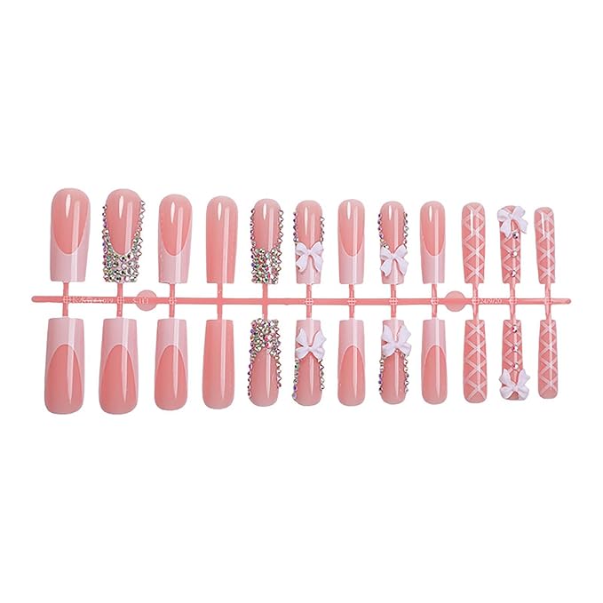 Xl Press on Nails Long Square Fake Nails French Tip False Nails with Rhinestones Acrylic Bow Glue on Nail Long Full Cover Stick on Nail for Women 24Pcs