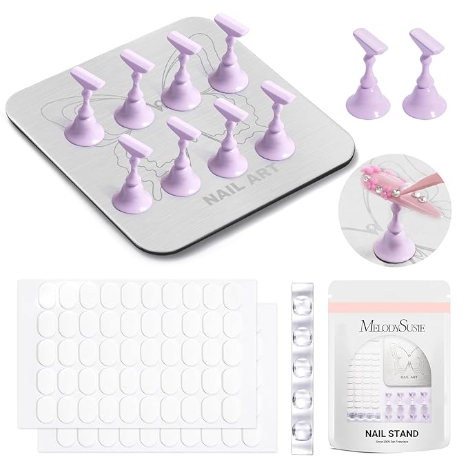 MelodySusie Nail Stand for Press Ons, Super Metal Square With Butterfly Pattern Magnetic Base for Painting Display with Brush Holder And Reusable Double-Sided Tape for Home DIY Salon Supplies