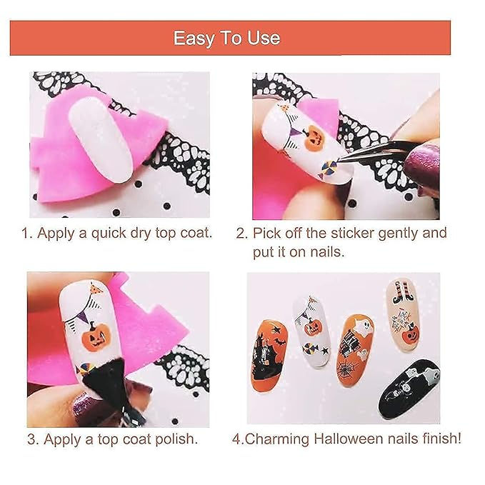 TailaiMei 1500 Pcs Halloween Nail Decals Stickers, 12 Sheets Self-Adhesive DIY Nail Art Tips Stencil for Halloween Party, Include Pumpkin/Bat/Ghost/Witch etc