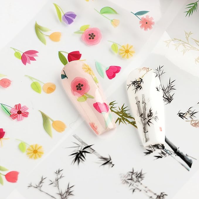 JERCLITY 10 Rolls Flower Nail Foil Transfer Sticker Kit Bamboo Ink Painting Pattern Nail Foil Sheets Foil Nail Art Decals Spring Nail Foil Transfer Stickers Foil Nail Wraps for Foil Nail Art