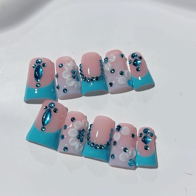 Handmade Press on Nails 3D Blue Rhinestones White Art Petal False Nails with Pink Blue Color Designs Reusable Full Cover Acrylic Thick Press on Nails for Women Girls 10 Pcs （Size M ）