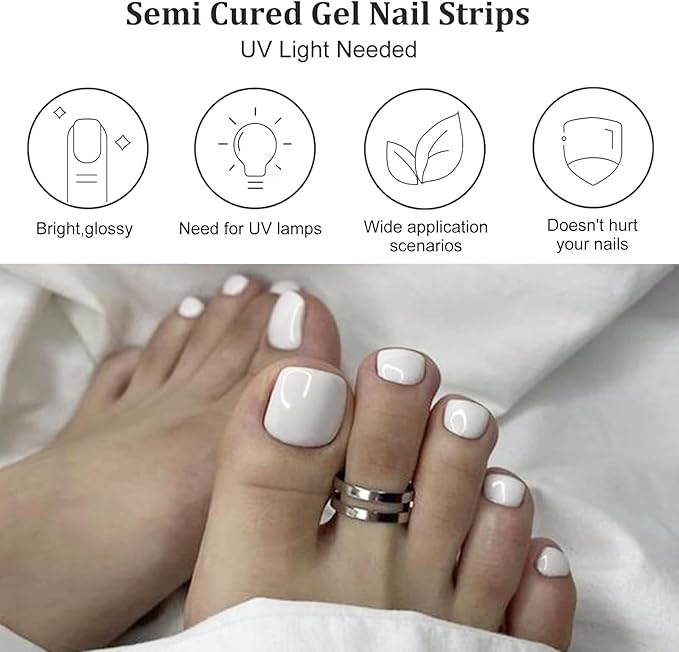 34 Pcs Semi Cured Gel Toe Nail Strips White Solid Gel Nail Stickers Full Cover Nails Wraps Self Adhesive Toe Nails Polish Strips Stickers for Women UV/LED Light Required