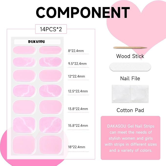 Semi Cured Gel Nail Strips, 28 pcs Gel Nail Stickers Work with Any UV Lights, Long-Lasting Nail Wraps, Stick on Nails for women Easy to Apply & Remove