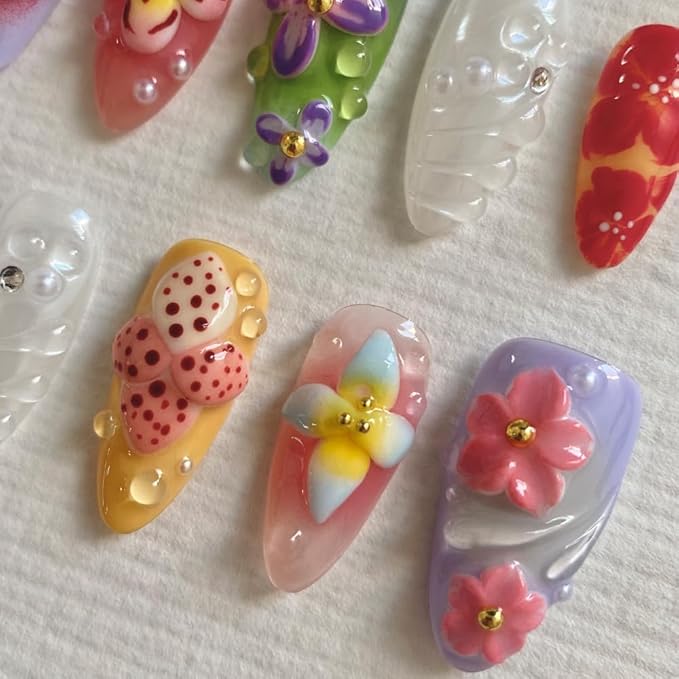 Press On Nails - Short Coffin Handmade Unique Fake Nails, Artistic Design, Thick Acrylic and Muti-Layer Gel False Nails, Reusable UV Gel Cured Sturdier 3D Fake Nails,DIY Art Decorate