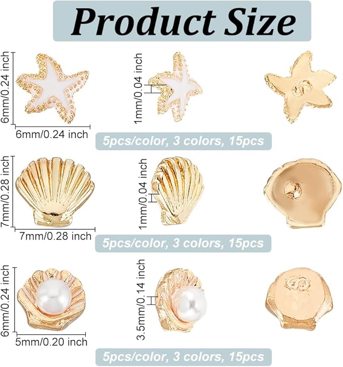 OLYCRAFT 45pcs 9 Style Starfish Shell Resin Fillers Alloy Enamel Cabochons Ocean Nail Art Decorations Resin Accessories Supplies for Jewelry Making Nail Art Decoration - Gold & Silver & Rose Gold