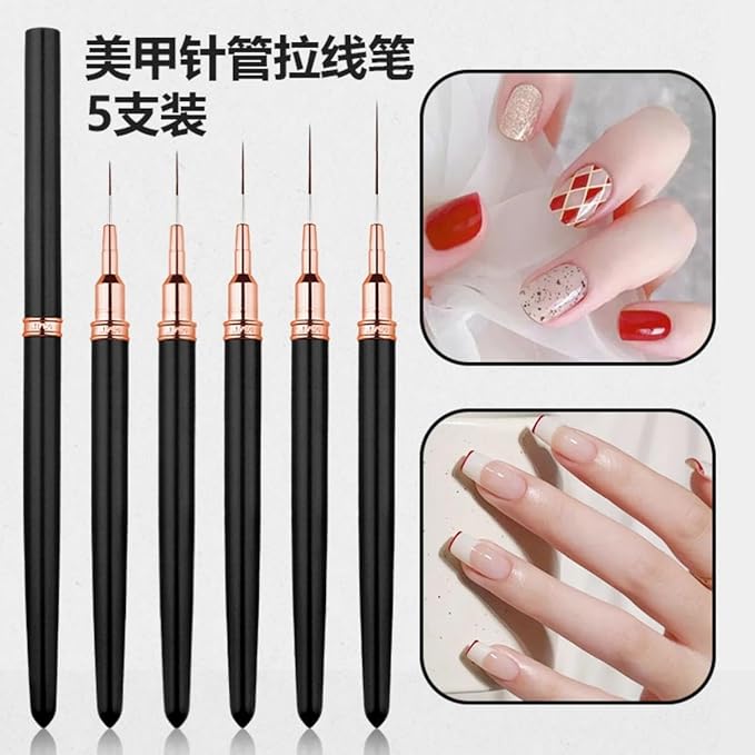 Metallic Liner Nail Art Brushes Set, Nail Art Pens, 5PCS Black Color Nail Tools Liner Brush UV Gel Polish Painting Nail Design For Long Lines, Thin Details, Fine Drawing, Sizes 7/9/11/15/25mm
