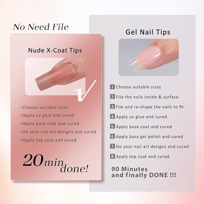 BTArtbox Soft Gel Nail Tips Square - Press On Nails Long Natural XCOATTIPS Pre-applied Tip Primer, One-Step Square Gel Nail Tips Fake Nails for DIY Nail Art